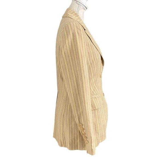 ESCADA LINEN BLEND BEIGE BLACK YELLOW STRIPED PEAK LAPEL MID-LENGTH BLAZER - 4 - Picture 2 of 12